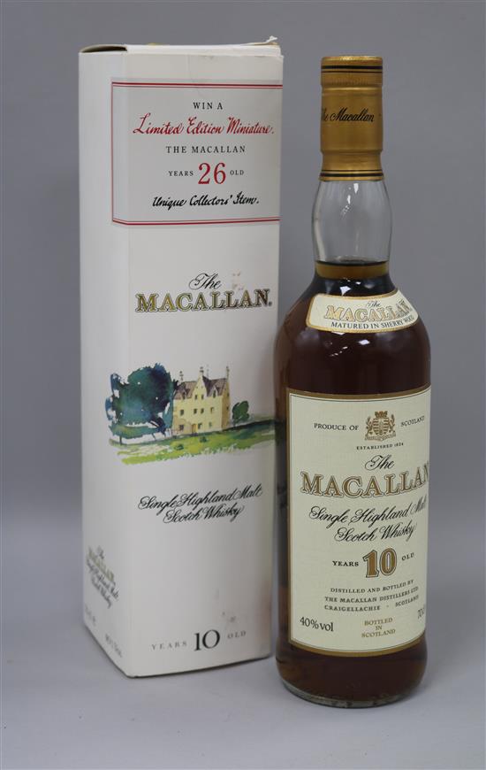 A bottle of McCallan 10 year old Scotch whisky